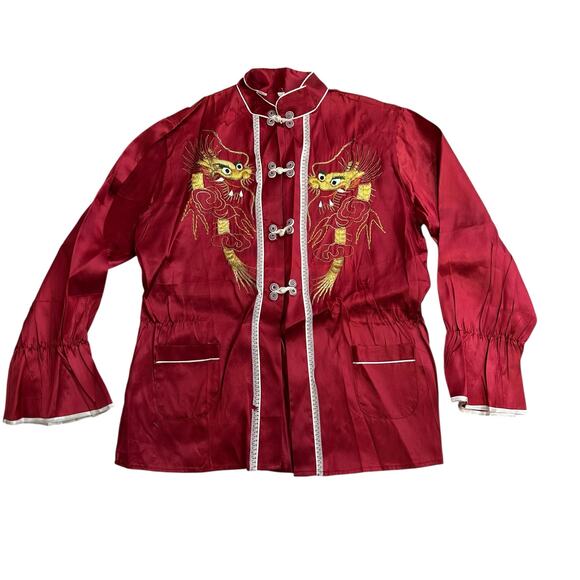 Vintage 70s Chinese Satin Dragon Embroidered Jacket Red Mandarin Collar Small - Picture 2 of 7